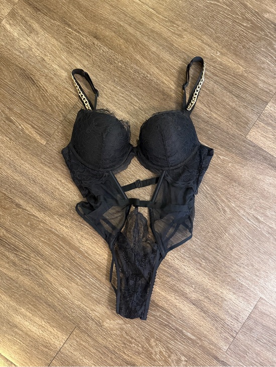 Victoria's Secret Other - Victoria's Secret black gold chain strap lace push up teddy bodysuit